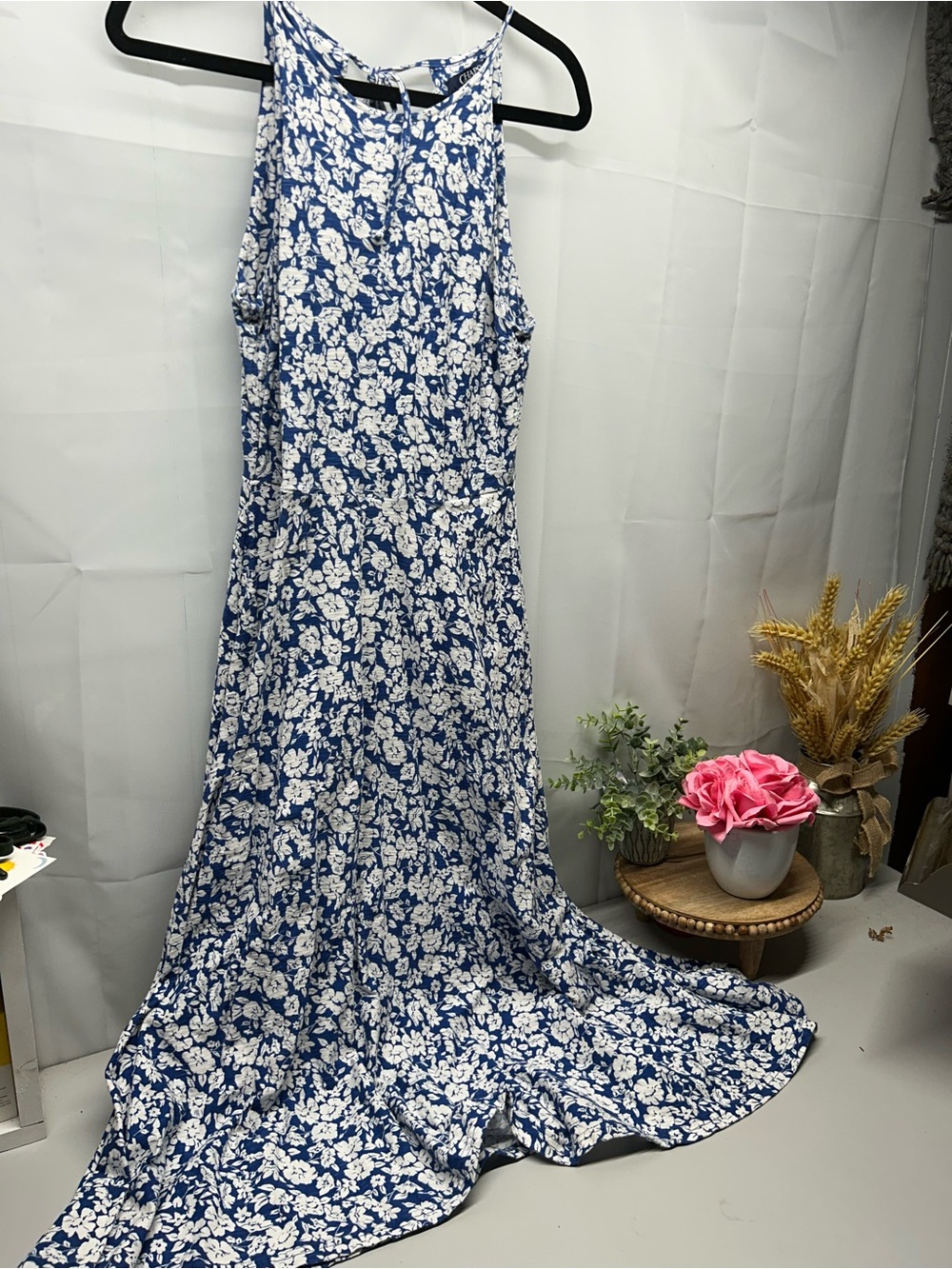 Chaps Blue and White Floral Halter Maxi Dress